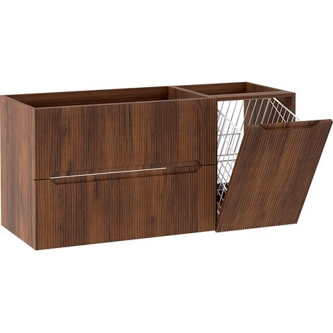 Meuble sous vasque suspendu avec panier à linge L.120 cm effet noyer Warmia façade rainurée NOVO Furnidea (1/5)