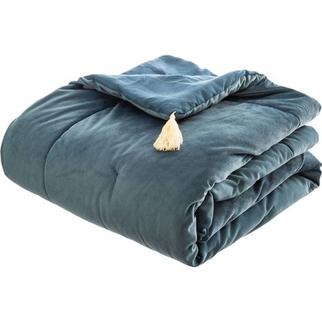 Atmosphera – Edredon en velours bleu 80 x 180 cm – 100% polyester – Lavable en machine à 30°C – Couvre-lit décoratif pour lit adulte