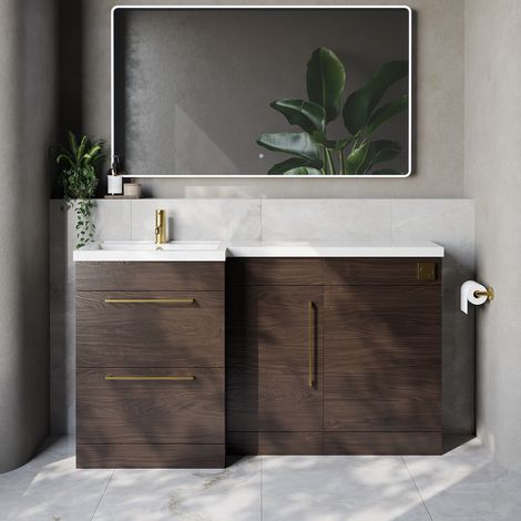Napoli 390 Brown Oak 1500mm 2 Drawer Vanity Unit Toilet Suite with Left Hand Square Lucia Basin - 1500mm - Brushed Brass 320mm HandleWithout Kingston Toilet Pan