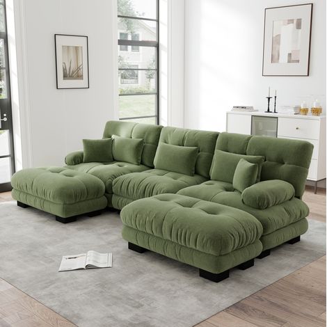 Canapé modular de chenilla verde con otomanas móviles, configurable en U, L o recto, asiento profundo (1/5)