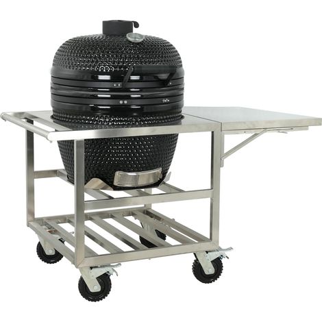 Barbecue Kamado au Charbon de Bois, Céramique, Noir, Surface de Cuisson Ø 57 cm, Thermomètre Intégré, Socle Inox avec Roulettes et Table Latérale Pliante (1/5)