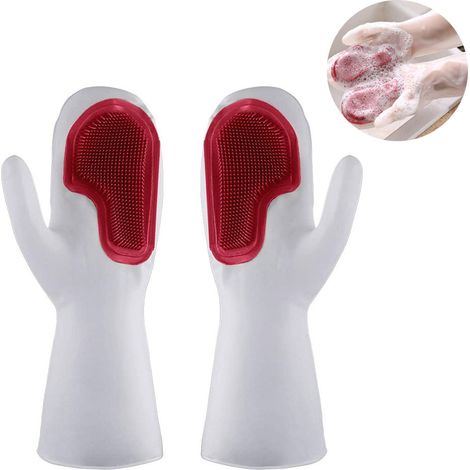 2 Paires Gants silicone, brosse intégrée, résistance chaleur -40°C à 160°C, gants nettoyage, cuisine salle de bain (1/5)