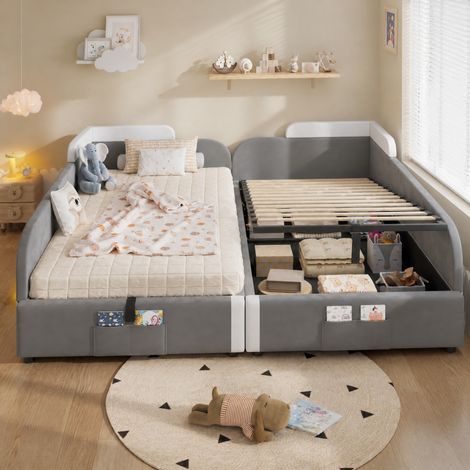 Letto contenitore per bambini in velluto grigio 90 x 200 cm x2 con barriera morbida, HAVRYA (1/5)