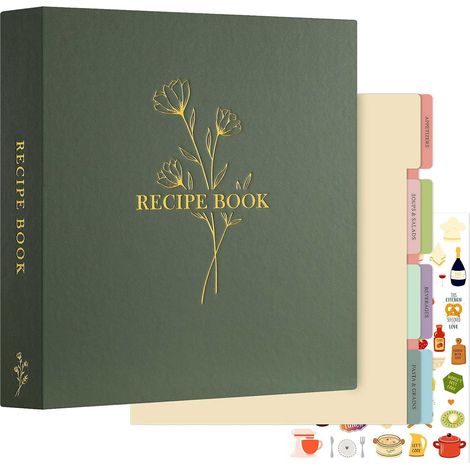 Grand Classeur de Recettes Rigide 3 Anneaux, Classeur Souple avec 8 Intercalaires et 2 Autocollants, Cahier Carnet Recette Cuisine à Remplir, Livre Recette, Vert 30 x 31 cm, Anglaise (1/5)