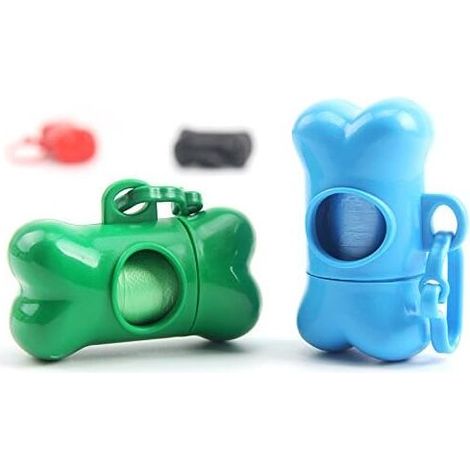 Confezione da 2 dispenser per sacchetti per escrementi di cani e gatti a forma di osso con 30 sacchetti e clip di plastica, blu e verde, 94,5 cm