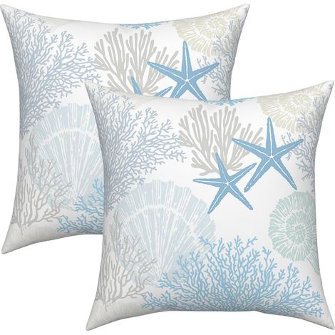 Lot de 2 housses de coussin, 40 x 40 cm, bleues, beiges, pour l'été, les coraux de plage, coquillages, étoiles de mer, avec fermeture éclair dissimulée, pour salon, chambre à coucher (1/5)