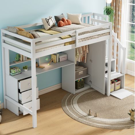 Letto a soppalco in legno massello e MDF bianco 90x200 cm con scrivania, armadio, cassetti e scale contenitore (1/4)