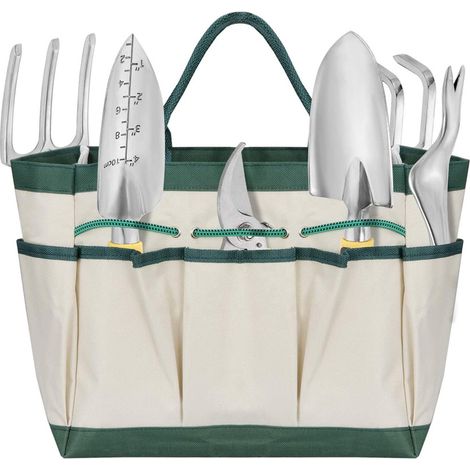 Bolsa de lona portátil, juego de herramientas de jardín de 13 piezas con guantes, botella de agua, herramienta de jardín en maceta, pala pequeña y azada. (1/5)