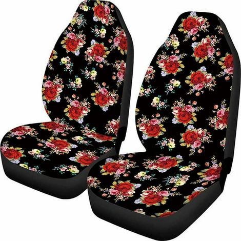 Housse de siège auto noire motif rose rouge pour femme fille, 2 pièces protection anti-dérapant et anti-poussière, respirante et confortable, sans glisse (1/5)