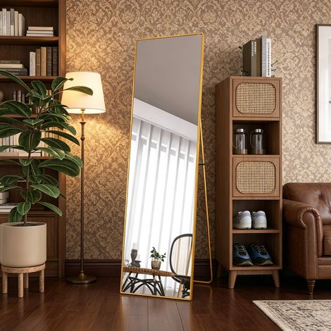 Miroir carré 140×40cm, miroir pleine longueur pouvant être suspendu, miroir sur pied avec verre trempé haute définition, miroir sur pied multi-scènes, style moderne, cadre en alliage d'aluminium,Doré