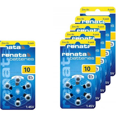 .6 blister de 6 piles auditives RENATA ZA10 ZINC AIR JAUNE.
.
.
.
.