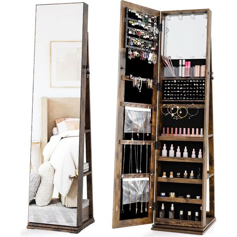 COSTWAY 3 en 1 Armoire a Bijoux Pivotante à 360°, Miroir Pleine Longueur, Étagères Arrière, 3 Lumières LED, 3 Boîtes en Acrylique, 2 Poches, Armoire de Rangement Cosmétiques Verrouillable (Industriel) (1/5)