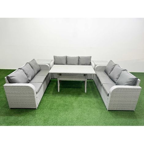 Fimous PE Rattan Lounge Sofa Set 9 Seater Outdoor Garden Furniture Set with Rectangular Dining Table 3 Seater Sofa 2 Side Table Light Grey (1/4)