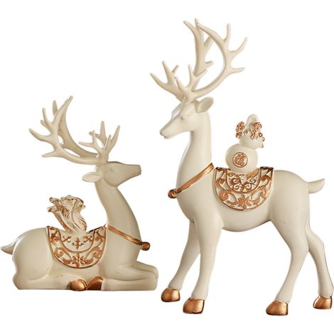 Statue Renne - Résine Blanche - 19 x 19 cm et 18 x 30 cm - Décoration de Noël et Intérieure - Lot de 2 (1/5)