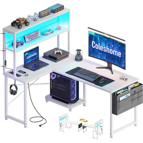 Gaming Tisch L Form LED Steckdosen Eckschreibtisch 110×80 cm Weiß (1/5)