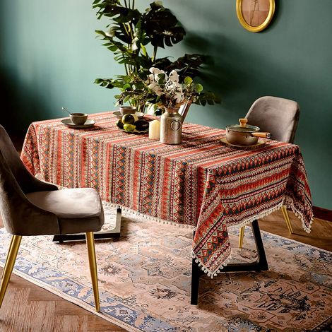 Nappe à pompons pour tables rectangulaires bohèmes, infroissable (1/4)