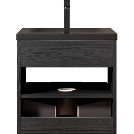 Meuble lavabo suspendu 51 cm avec vasque en céramique noire et placard en contreplaqué avec tiroir et étagère, préassemblé (1/5)