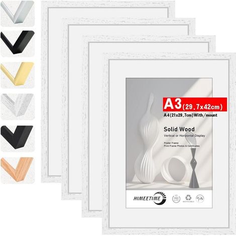 4x Bilderrahmen A3 (29,7x42cm) Weiss Massivholz mit Passepartout für A4 (1/5)