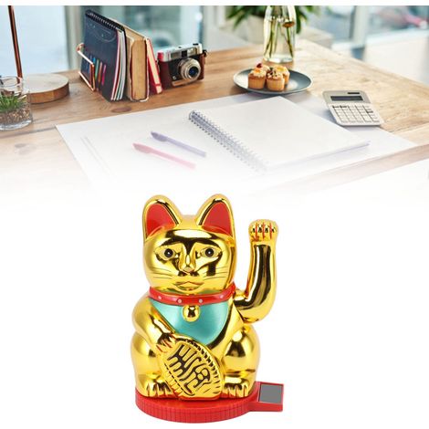Solarbetriebene Glückskatzen-Schreibtischfigur mit winkenden Pfoten, drehbarem Solarpanel, Lichtsensor, goldfarben. (1/5)