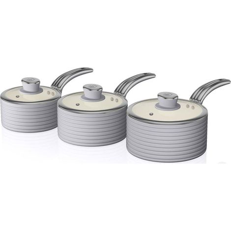 Swan SWPS3020GRN Retro Induction Saucepan Set With Glass Lids, Non Stick Ceramic Coating, Easy to Clean, Grey, 3 Piece, 16/18/20 cm (1/5)
