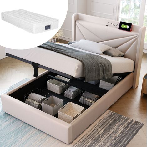 Cama 90x200 cm de lino beige con USB, almacenaje y colchón para dormitorio – MEUBLIV (1/5)