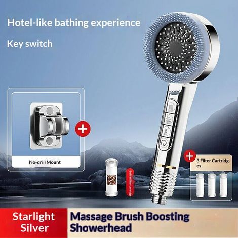 (Ensemble argenté 2 pièces) Pommeau de douche multifonction à 4 modes de pression, réglable, avec large jet et fonction massage, accessoire de salle de bain (1/5)