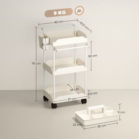 Chariot de rangement,3 paniers,porte-serviettes,roues,poignée,cadre métallique,blanc