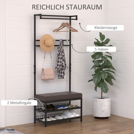 Porte-manteau avec étagère à chaussures 2 niveaux, 5 patères, meuble d'entrée en métal, pour couloir ou chambre, 72,5 x 35 x 180 cm (1/4)