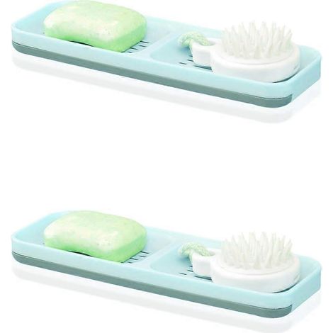 Porte-savons adhésifs, lot de 2 porte-savons de douche, porte-savons muraux adhésifs en plastique double couche avec bac de récupération amovible (bleu). (1/5)