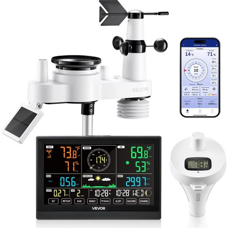VEVOR Stazione Meteorologica Wi-Fi con APP, Display VA da 190 mm, Sensore Esterno Wireless Alimentato a Energia Solare, Pluviometro, con Termometro per Piscina per Previsioni del Tempo Temperatura