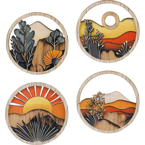 Un ensemble de quatre tableaux muraux représentant un paysage abstrait géométrique avec un soleil et un thème désertique, parfait pour un salon. (1/5)