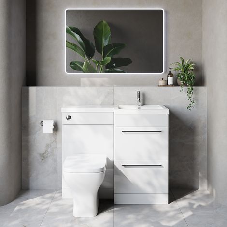Napoli 390 Gloss White 1000mm 2 Drawer Vanity Unit Toilet Suite with Right Hand Square Lucia Basin - 1000mm - Chrome 320mm HandleWith Kingston Toilet Pan and Seat