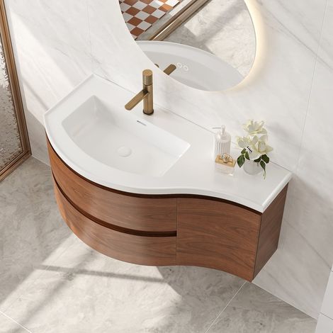 Meuble simple vasque suspendu incurvé pour salle de bain - Finition Noyer - 90 cm - Style moderne, avec rangement (1/5)