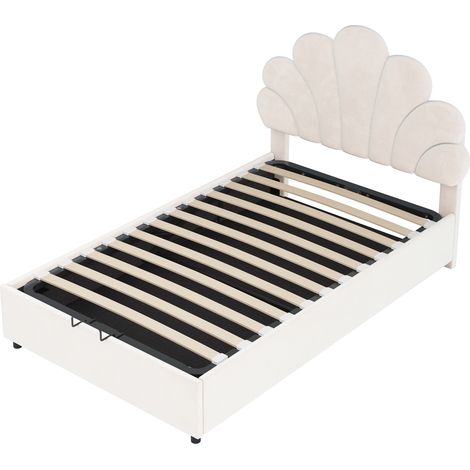 Letto Contenitore 90 x 200 cm, Letto Singolo con Testiera Regolabile e Vano Idraulico, senza Materasso, Beige (1/5)