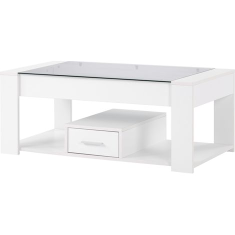 Mesa de centro blanca con tablero de vidrio, cajones y compartimento 100 x 50 x 40 cm (1/5)