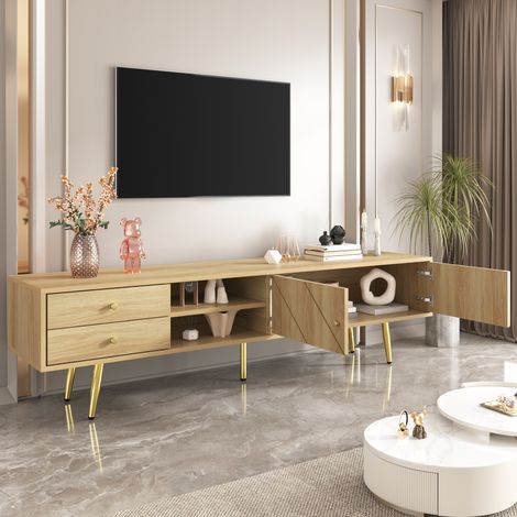 Mobile porta TV 160x36x42cm con 2 cassetti, con ripiani aperti, gambe dorate, truciolare e MDF, colore legno naturale (1/5)