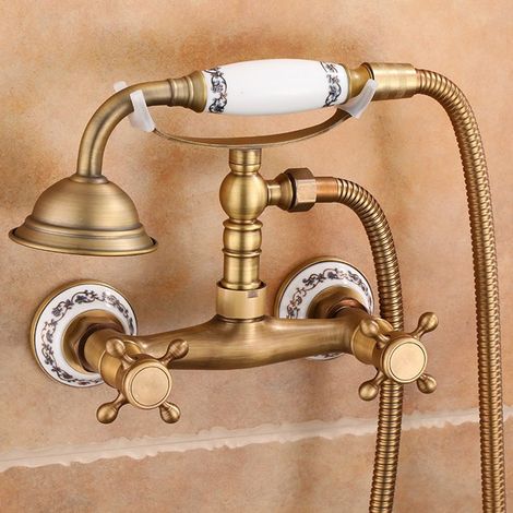 Retro-Badewannenarmatur mit wandmontierter Handbrause, Messing-Mischbatterie, Einhebelmischer, blau-weißes Porzellan für ein nostalgisches Badezimmer -