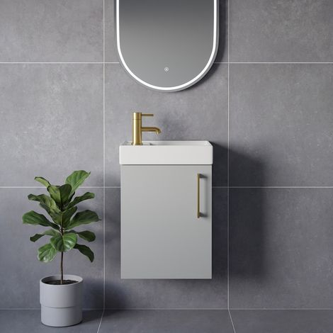 Napoli Cube Gloss Grey Pearl 400mm Wall Mounted Single Door Vanity Unit with Align Basin - 400mm - Brushed Brass 160mm Handle