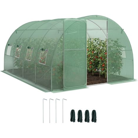 Serre tunnel de jardin 12 m² 295x400x200 cm porte et 8 fenêtres bâche PE 140 g/m² vert