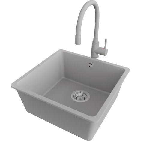 PRIMAGRAN Evier Sous Plan 46x44cm,Evier en Granit 1 bac + Robinet 38x14cm + Kit de Vidage, Évier au meuble 50cm - Venise Easy, Gris (1/5)