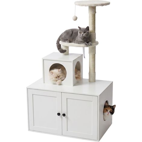 Arbre à chat Relaxdays, meuble litière, H x L x P: 133 x 78 x 49 cm, poteaux sisal, couchage, aspect bois, blanc