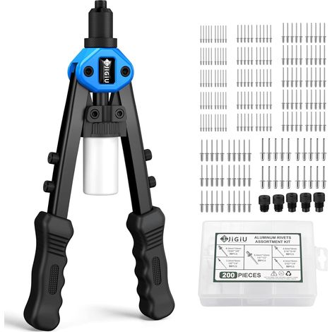 Pince à Riveter Manuelle 33cm, 5 Embouts 3.2-6.4mm + 200 Rivets, Livré avec Boîte Rangement, Outil Ergonomique pour Bricolage, Auto, Construction et Métallerie (1/5)