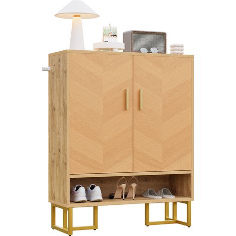 Moderner, minimalistischer Schuhschrank , Einzigartige Holzmaserung ,Goldener Eisenrahmen , Zweitüriger Aufbewahrungsschrank,  Schuhschrank schmal, Schuhregal Schuhkipper, Diele Flur