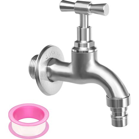 Robinet d'écoulement 1/2" avec adaptateur 3/4", robinet de jardin, montage mural en acier inoxydable 304, robinet d'eau froide avec couvercle de décoration murale (1/5)