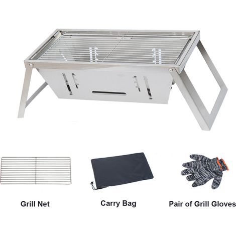 Grill BBQ de Camping Pliant Inox, 3 Réglages de Hauteur, Gants de Grill, Sac de Transport (1/4)