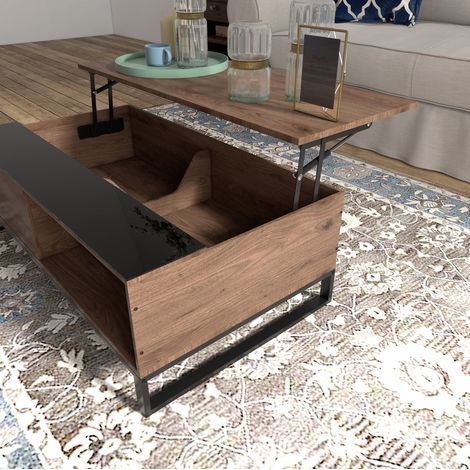 Mesa de centro de madera multicapa y acero 102 x 58 x 35,5 cm nogal/negro con tapa elevable (1/5)