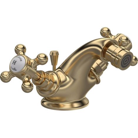 Hudson Reed Topaz Hexagonal Collar Bidet Mixer Tap with Waste Crosshead Handle - White/Brushed Brass (1/2)