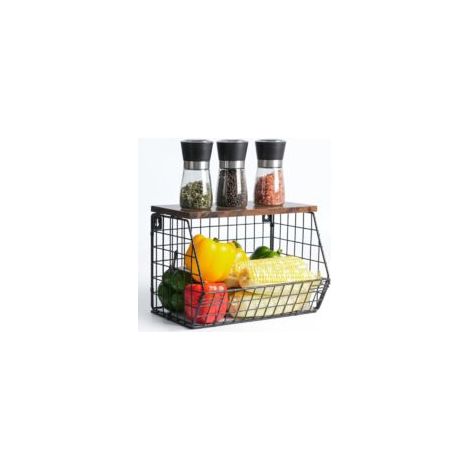 Cestino per frutta e verdura, cestino impilabile da parete, contenitore per frutta, ripiano porta verdura per cucina, cestino per frutta in metallo con 2 ganci, nero - Crezuo