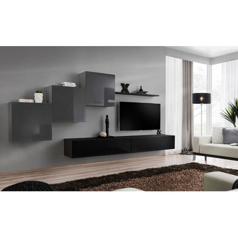 Ensemble mural - Switch X - 3 vitrines carrées - 2 bancs TV - 1 étagère - Noir et graphite - Modèle 1 - Livraison gratuite