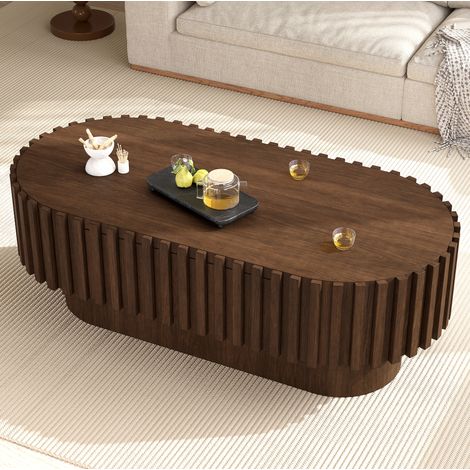 MODFU – Mesa de centro ovalada 100x50x35,5 cm de MDF con cajón, lamas verticales, esquinas redondeadas y base maciza – Nogal (1/5)